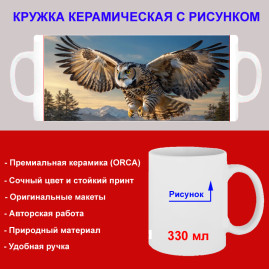 Кружка премиум с принтом "Парящая сова", авторский дизайн, 330 мл, белая, Orca, 1 шт, 200007