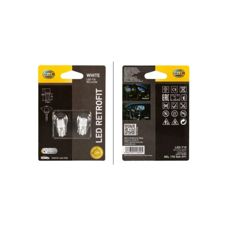 Лампа автомобильная светодиодная W5W, 12V, 1Вт, W2.1x9.5d, 4000K, LED RETROFIT, HELLA - 2 шт - Артикул 8GL178560591_HEL