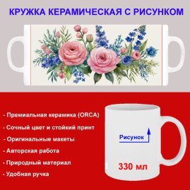 Кружка премиум с принтом "Букет цветов, акварель", авторский дизайн, 330 мл, белая, Orca, 1 шт, 200049