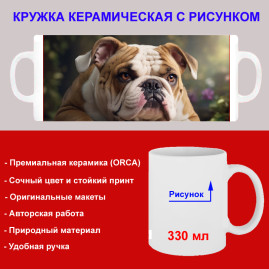 Кружка премиум с принтом "Бульдог", авторский дизайн, 330 мл, белая, Orca, 1 шт, 200114