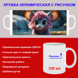 Кружка премиум с принтом "Пушистый цветной мышонок АРТ", авторский дизайн, 330 мл, белая, Orca, 1 шт, 200048