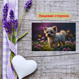Мини открытка - карточка "Щенок на поле с цветами", бирка для подарков, односторонние, 20 шт