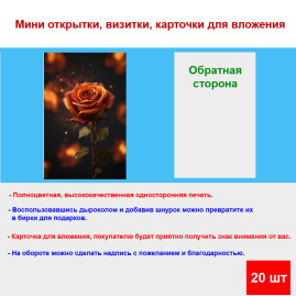 Мини открытка - карточка "Огненная роза", бирка для подарков, односторонние, 20 шт