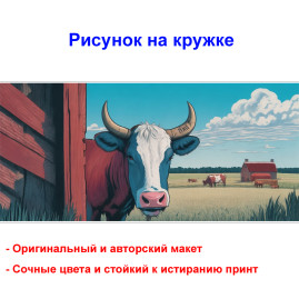 Кружка премиум с принтом "Бык в деревне", авторский дизайн, 330 мл, белая, Orca, 1 шт, 200004
