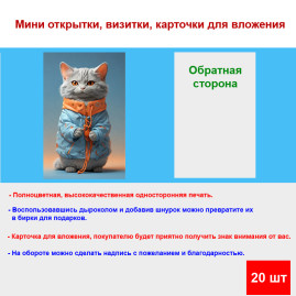Мини открытка - карточка "Модный котенок в куртке", бирка для подарков, односторонние, 20 шт