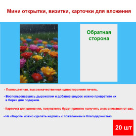 Мини открытка - карточка "Яркие цветы под дождем", бирка для подарков, односторонние, 20 шт