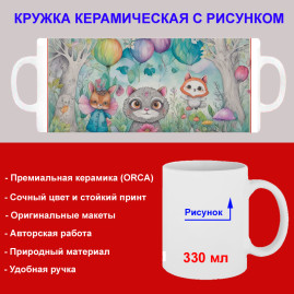 Кружка премиум с принтом "Сказочные лесные животные - 4", авторский дизайн, 330 мл, белая, Orca, 1 шт, 200085