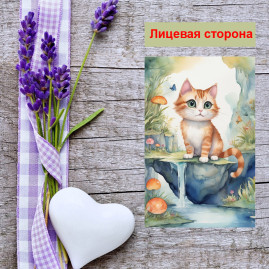 Мини открытка - карточка "Рисованный котенок с грибами", бирка для подарков, односторонние, 20 шт