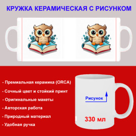 Кружка премиум с принтом "Совенок на книге, мультипликация", авторский дизайн, 330 мл, белая, Orca, 1 шт, 200071