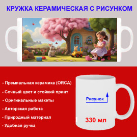 Кружка премиум с принтом "Девочка и заяц мультипликационный", авторский дизайн, 330 мл, белая, Orca, 1 шт, 200020