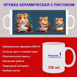 Кружка премиум с принтом "Три хомяка с книгой мультипликация", авторский дизайн, 330 мл, белая, Orca, 1 шт, 200077