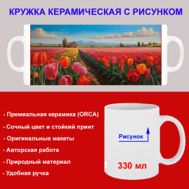 Кружка премиум с принтом "Тюльпаны на поле", авторский дизайн, 330 мл, белая, Orca, 1 шт, 200065