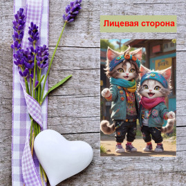 Мини открытка - карточка "Две кошки модницы", бирка для подарков, односторонние, 20 шт