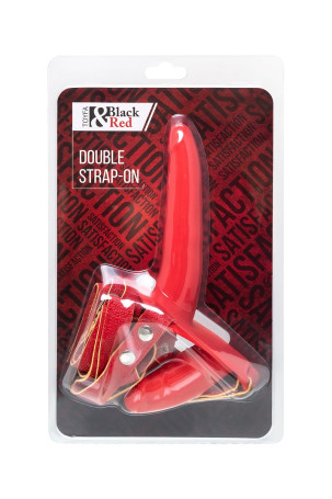 Красный страпон на ремнях с вагинальной пробкой - 15 см. - Артикул 275827