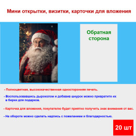 Мини открытка - карточка "Модный Санта-Клаус", бирка для подарков, односторонние, 20 шт