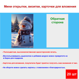 Мини открытка - карточка "Радостный снеговик", бирка для подарков, односторонние, 20 шт