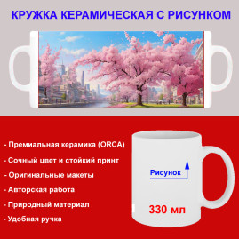 Кружка премиум с принтом "Цветущая сакура у реки в городе", авторский дизайн, 330 мл, белая, Orca, 1 шт, 200091