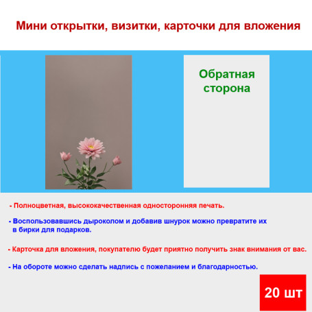 Мини открытка - карточка "Розовый цветок", бирка для подарков, односторонние, 20 шт - Артикул 210072