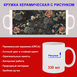 Кружка премиум с принтом "Цветы АРТ - 2", авторский дизайн, 330 мл, белая, Orca, 1 шт, 200011