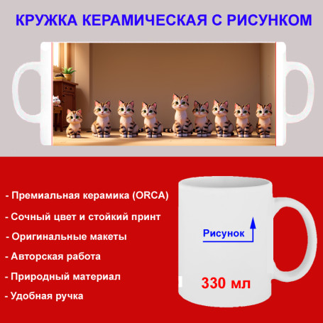 Кружка премиум с принтом "Кошка и восемь полосатых котят", авторский дизайн, 330 мл, белая, Orca, 1 шт, 200126 - Артикул 200126