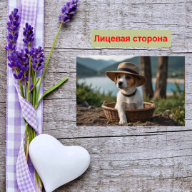 Мини открытка - карточка "Светлый пес в шляпке и корзинке", бирка для подарков, односторонние, 20 шт