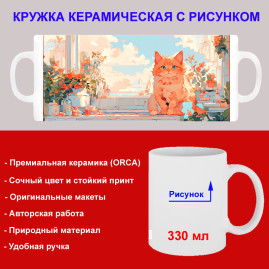Кружка премиум с принтом "Кошка на окне, акварель", авторский дизайн, 330 мл, белая, Orca, 1 шт, 200093