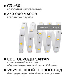 10-41 Комплект светодиодной ленты 12В с аксессуарами (блок, коннектор), smd 5050, 30 д/м, IP20, 5м, теплый белый