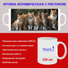 Кружка премиум с принтом "Шесть котов", авторский дизайн, 330 мл, белая, Orca, 1 шт, 200041