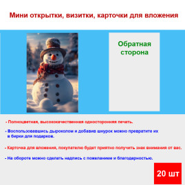 Мини открытка - карточка "Снеговик с шишками", бирка для подарков, односторонние, 20 шт