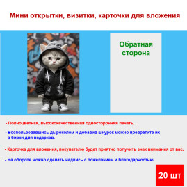 Мини открытка - карточка "Котенок в худи", бирка для подарков, односторонние, 20 шт