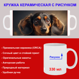 Кружка премиум с принтом "Мордочка таксы", авторский дизайн, 330 мл, белая, Orca, 1 шт, 200115