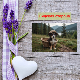 Мини открытка - карточка "Темный пес в шляпе и корзинке", бирка для подарков, односторонние, 20 шт