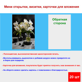 Мини открытка - карточка "Белые орхидеи в вазах", бирка для подарков, односторонние, 20 шт