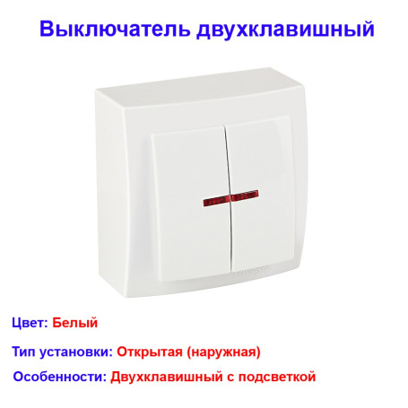 Выключатель двухклавишный с подсветкой открытой проводки цвет Белый NILSON - Артикул 26111004