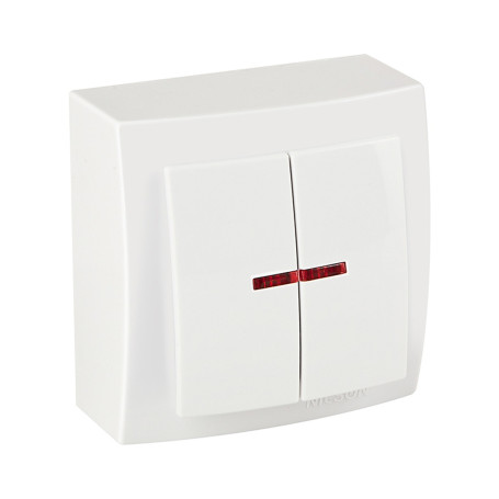 Выключатель двухклавишный с подсветкой открытой проводки цвет Белый NILSON - Артикул 26111004