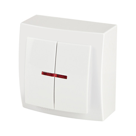 Выключатель двухклавишный с подсветкой открытой проводки цвет Белый NILSON - Артикул 26111004