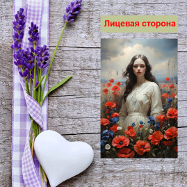 Мини открытка - карточка "Девушка в поле с маками", бирка для подарков, односторонние, 20 шт