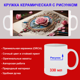 Кружка премиум с принтом "Панно с розой", авторский дизайн, 330 мл, белая, Orca, 1 шт, 200026